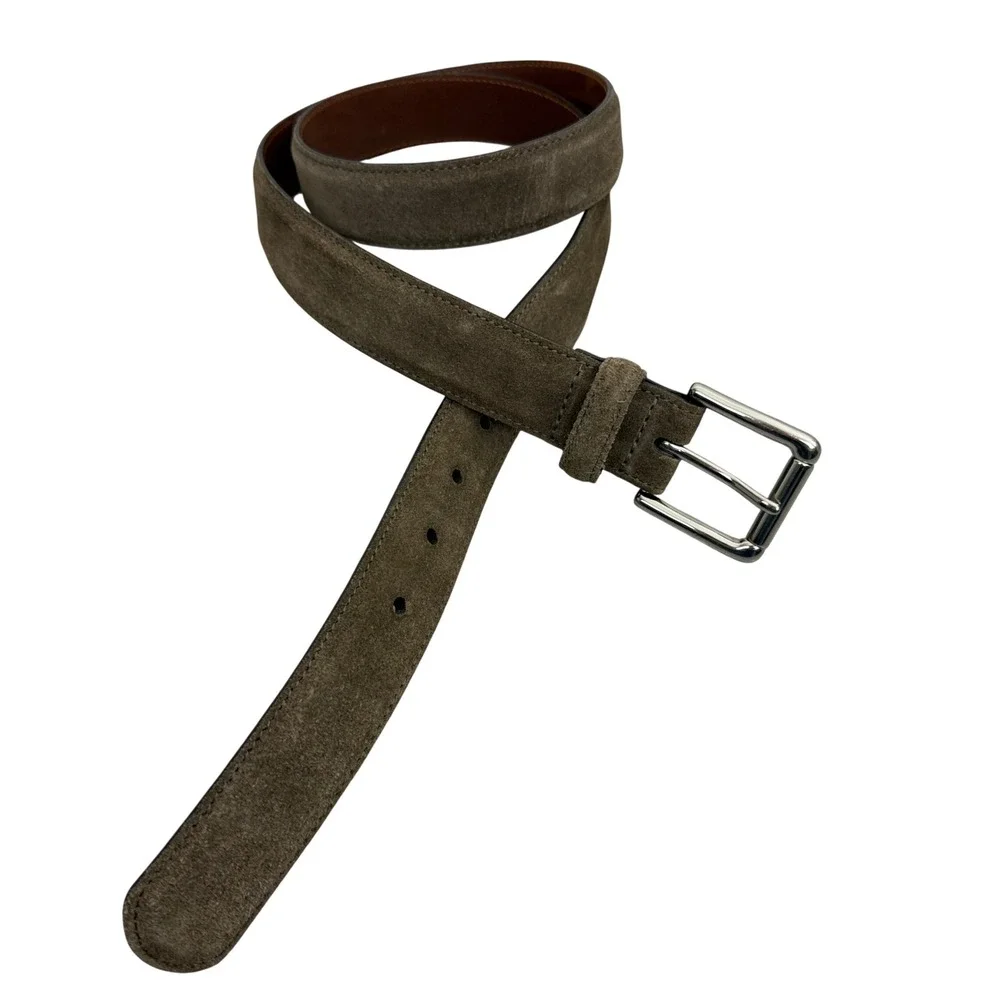 Cole Haan Belt Mens Size 38 Brown Suede Leather Silver Tone Buckle